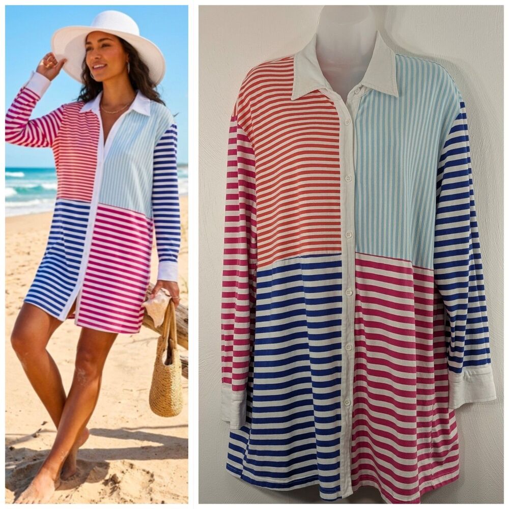 Color Block Striped Button-down Dress Medium Festival Comfort By Solid & Striped